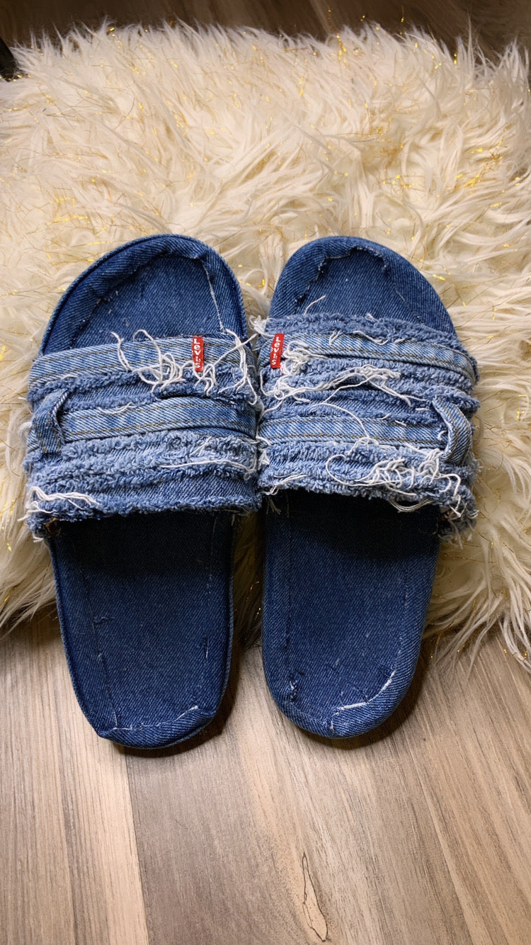 Denim Distressed Slides